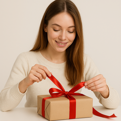 A woman adding a red bow using ๐งต Premium Satin Ribbon โ Versatile & Elegant to a gift box on a table.