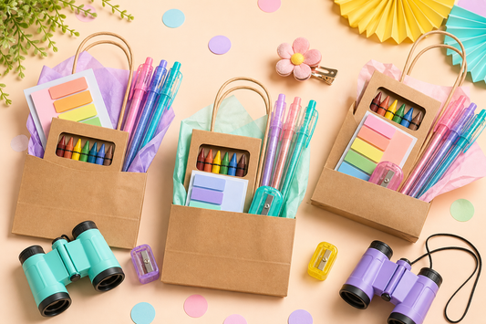 Colourful kids goodie bags with crayons, pens, page markers, sharpeners and toy binoculars