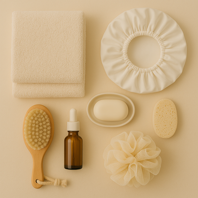 Flat lay of bath essentials on a beige background, including folded towels, shower cap, bar soap in a dish, bath sponge, wooden brush, amber dropper bottle, and a bath pouf