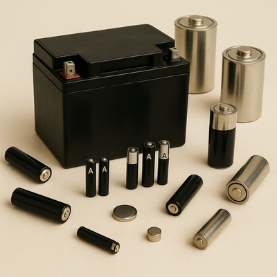arious AA, AAA, and button batteries scattered on a creamy background, including a large black sealed battery and metallic cylindrical batteries, photographed in a clean, realistic studio lighting