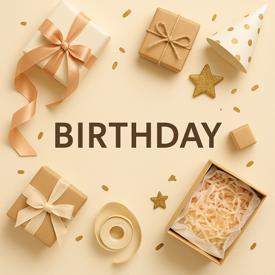 Birthday gift boxes and ribbons on cream background