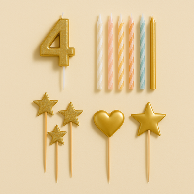 Assorted cake decorations on a creamy background, including striped birthday candles, a gold number 4 candle, and gold star and heart-shaped toppers.