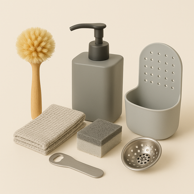 A neatly arranged set of cleaning and sink accessories on a creamy background, including a wooden dish brush, gray soap dispenser, sink caddy, striped dishcloths, sponge, bottle opener, and stainless steel sink strainer