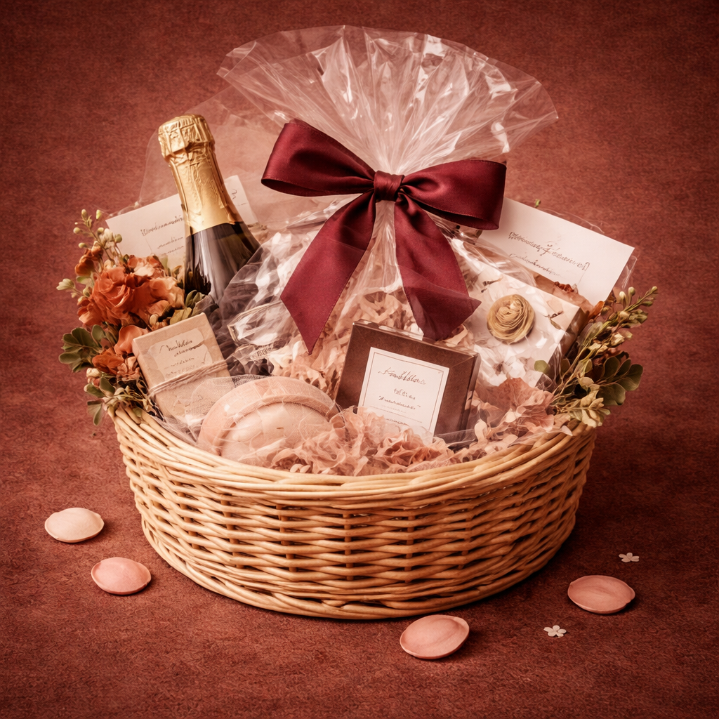 Wicker gift basket filled with spa items including a body brush, lotion pump, loofahs, towel, handmade soap, and a jar of nuts, arranged on a warm beige background with a satin ribbon accent.