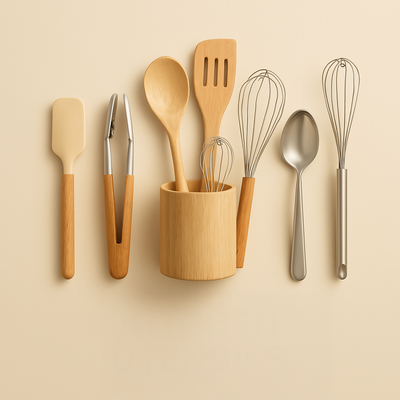 Creamy background with neatly arranged kitchen utensils including spatulas, tongs, wooden spoons, whisks, and a ladle, with 'KITCHEN UTENSILS' text at the bottom