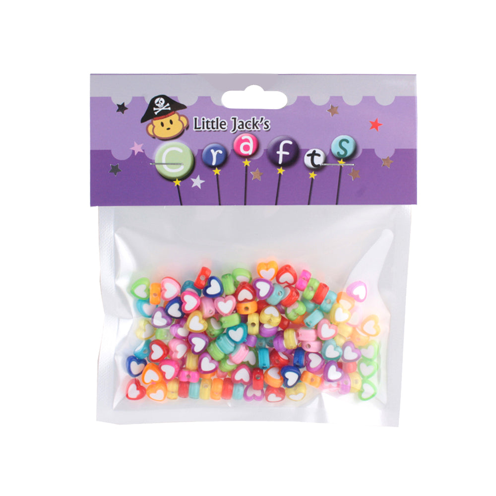 ❤️ Colorful Heart Beads – 7×7×4mm Acrylic Beads with White Heart Design (Approx. 25g) displayed in a packaging.