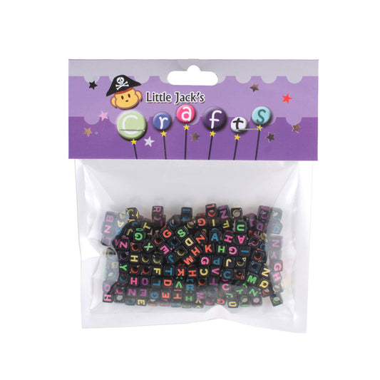 Alphabet Beads – Black Cube Letter Beads 6×6×6mm (Approx. 25g) in clear packaging for personalized crafts.