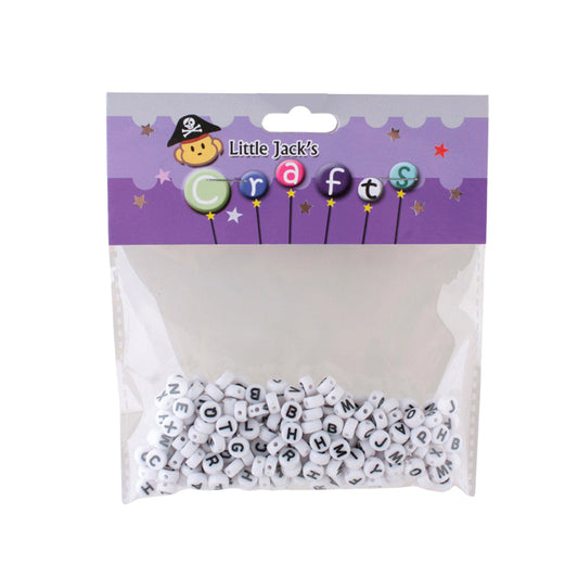 ⚪ Alphabet Beads – White Round Letter Beads 7×4mm (Approx. 25g) in packaging for crafts and DIY projects.