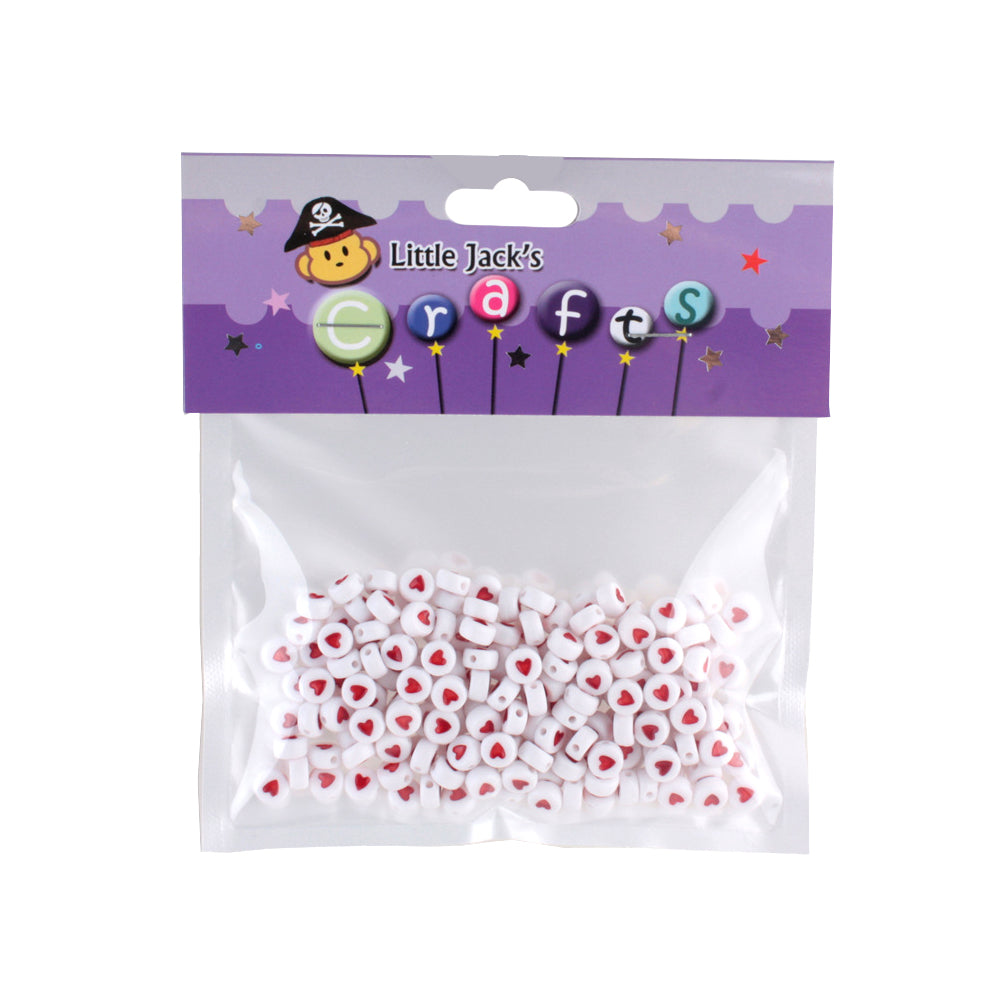 🤍 White Heart Beads – 7×4mm Round Beads with Red Heart Print (Approx. 25g) in a clear package.
