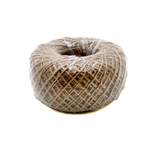 Jute Roll (100G) wrapped in clear plastic, showcasing its natural brown fibers and circular shape.
