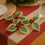 🍒 3-Piece Artificial Holly Decoration – $2.50 on a holiday table setting with red and beige tablecloth.