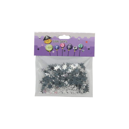 Confetti Star(Silver/10MM) packed in a clear bag for craft projects and decorations.