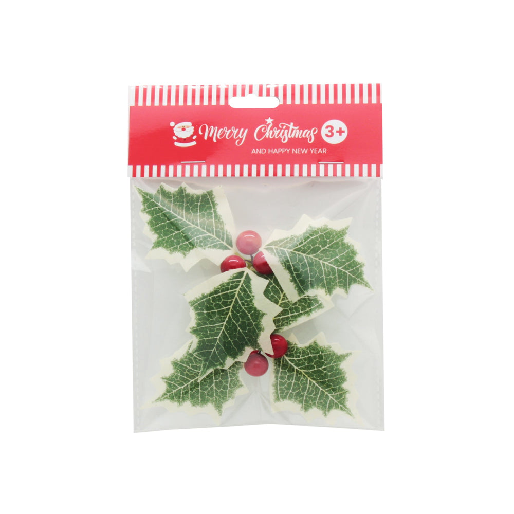 Craft Holly(2PCS) pack featuring realistic green holly leaves and red berries, perfect for holiday crafts.