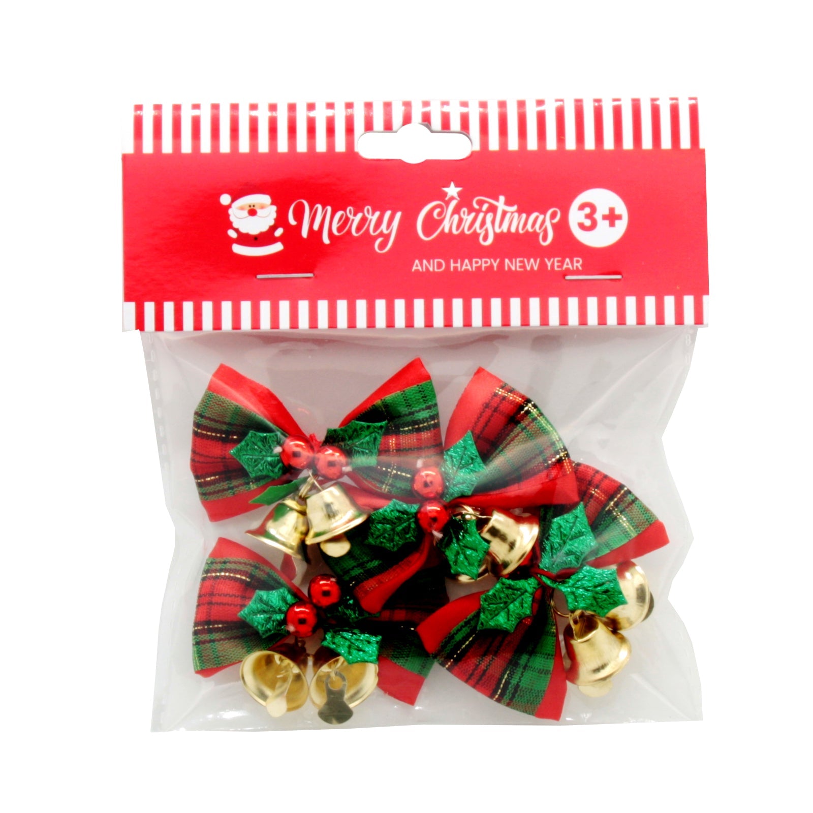X-mas Ribbon w Bell GR(4PCS) in festive red and green packaging for Christmas decorations