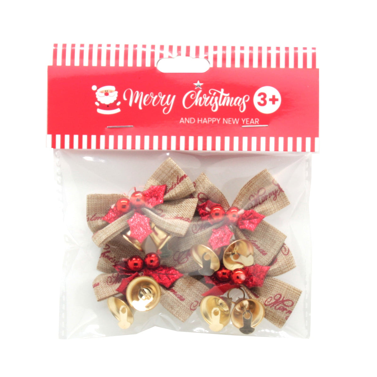 X-mas Ribbon w Bell BR(4PCS) in festive packaging with red and gold decorative bells.