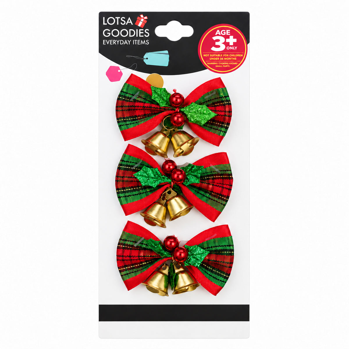 Three green and red plaid Christmas bows with gold bells and holly decoration