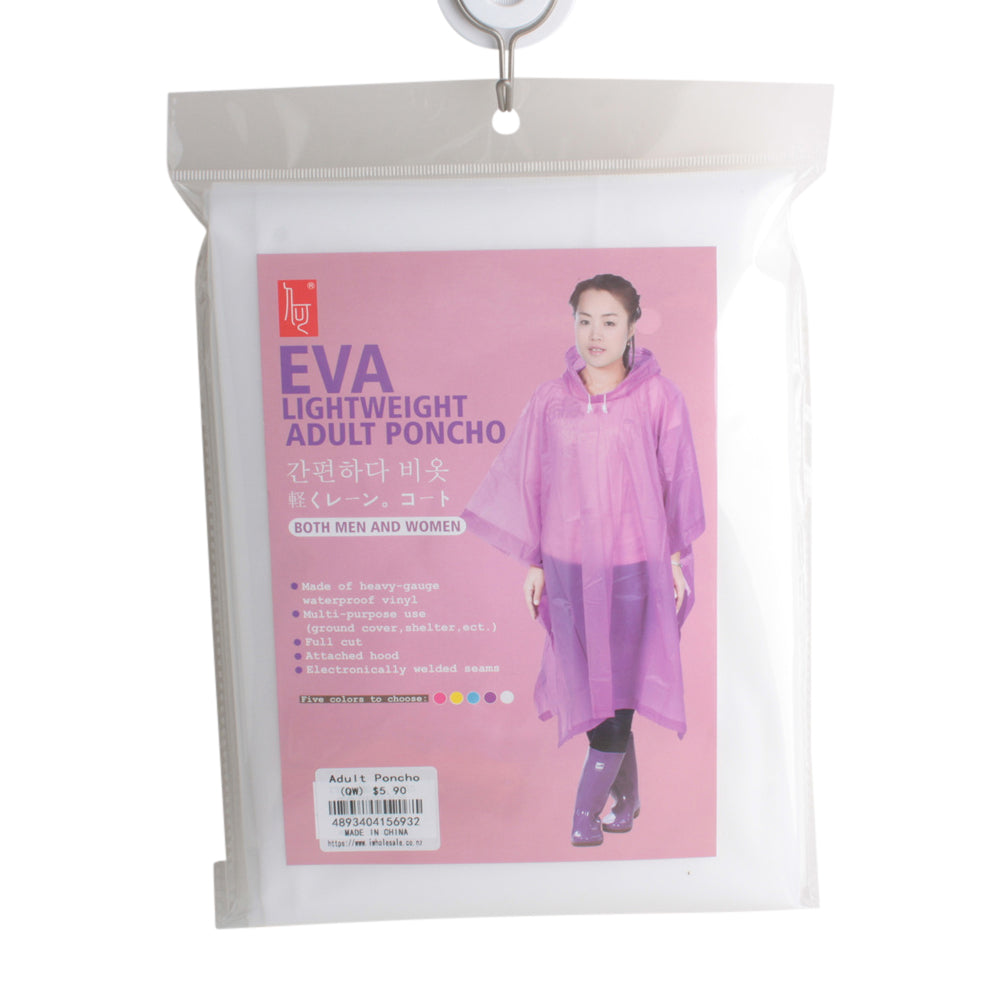 Premium EVA Adult Poncho (QW) – Reusable & Waterproof packaging with model wearing poncho.