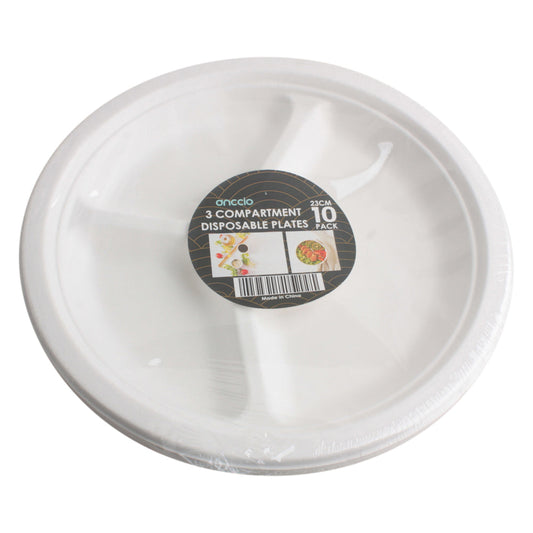 Disposable Section Dv Plate(10PCS,23CM) round white 3 compartment plates for convenient serving.