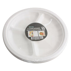 Disposable Section Dv Plate(10PCS,23CM) round white 3 compartment plates for convenient serving.