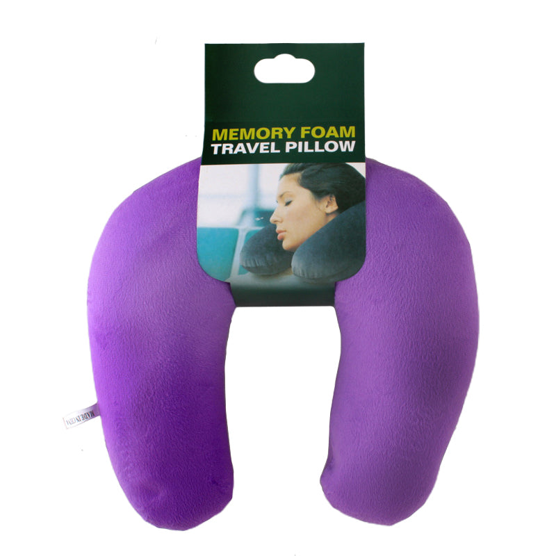 ✈️ Foam Neck Pillow – Comfort on a Budget, purple memory foam travel pillow with packaging for neck support.