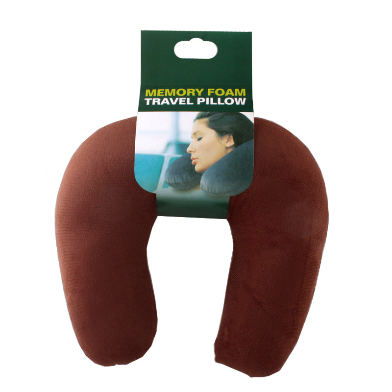 ✈️ Foam Neck Pillow – Comfort on a Budget, brown memory foam travel pillow for neck support.