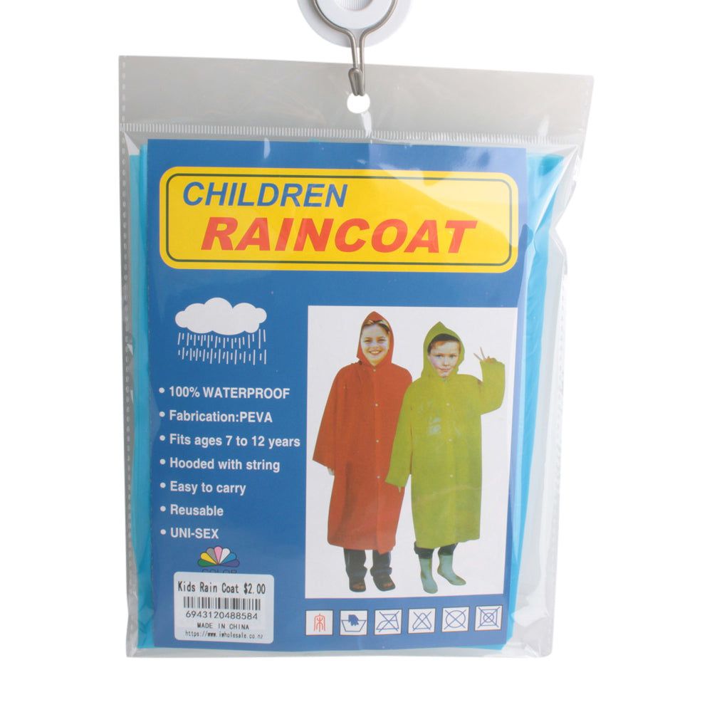 Kids Rain Coat packaging showing children wearing colorful waterproof raincoats, suitable for ages 7 to 12 years.
