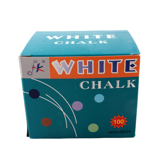 White Chalk (100PCS) packaging with blue background and colorful dots, ideal for classrooms and art projects.