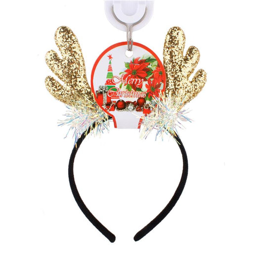 Festive Deer Hair Band with gold glitter antlers and colorful sparkles for Christmas celebrations.