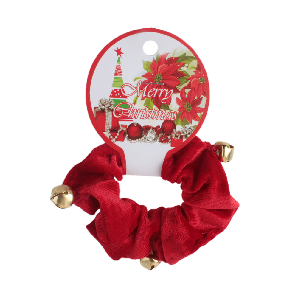 X-mas Scrunch w Bell in red fabric with holiday packaging and bells for festive hair accessory.
