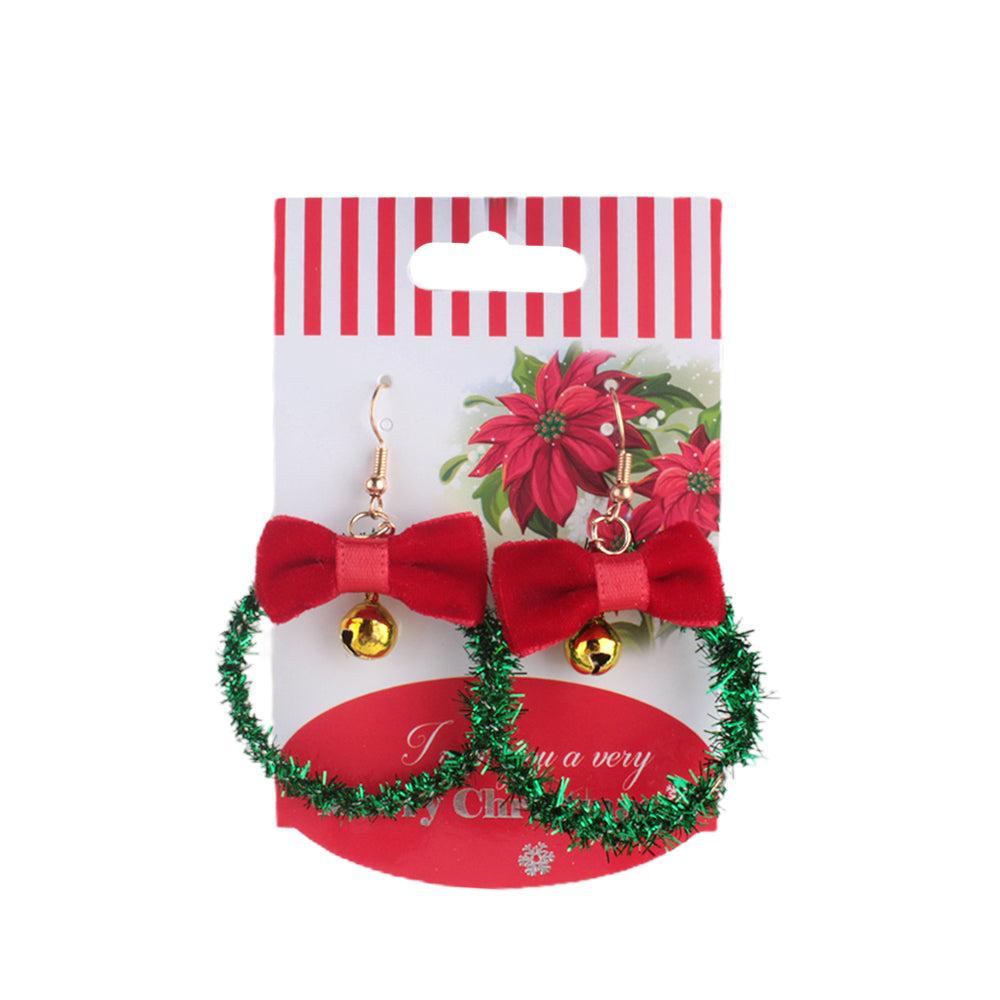 X-mas Earrings Ribbon featuring festive red bows and green tinsel, perfect for holiday celebrations.