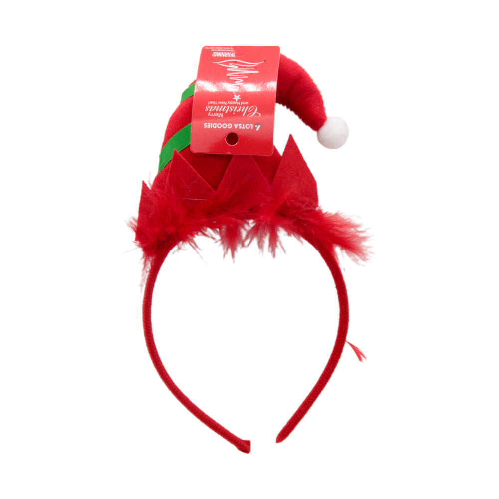 Santa Hat Christmas Headband with Fluffy Feather Trim featuring red fabric and fluffy trim.