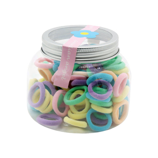 PC Small Hair Tie in Jar(100PCS) contains soft pastel hair ties for kids, packaged in a reusable jar for easy storage.