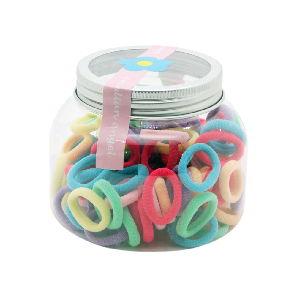 BC Small Hair Tie in Jar(100PCS) containing colorful elastic hair ties in a reusable jar with lid.