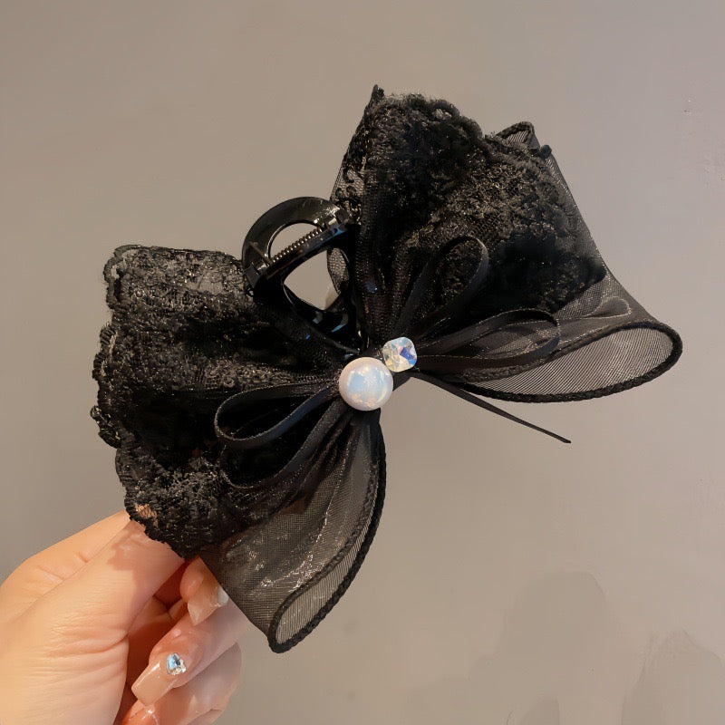 Lace Bow Hair Clip – Assorted with Jewel or Pearl Accent featuring a black lace design with pearl and jewel accents.