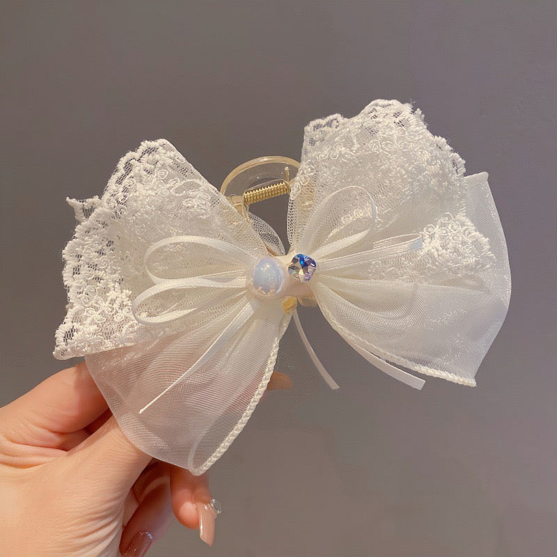 Lace Bow Hair Clip – Assorted with Jewel or Pearl Accent