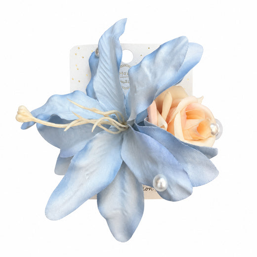 Blue Lily & Peach Rose Floral Hair Clip
