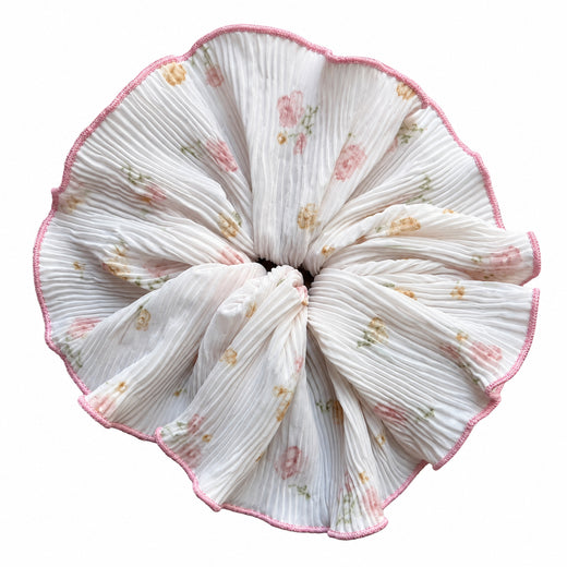Floral Ribbed Hair Scrunchie – Pink Trim