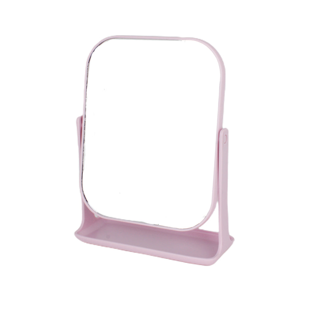 Makeup Mirror – With Storage Tray(130-5026) in pink, featuring a clear reflection and built-in tray for accessories.