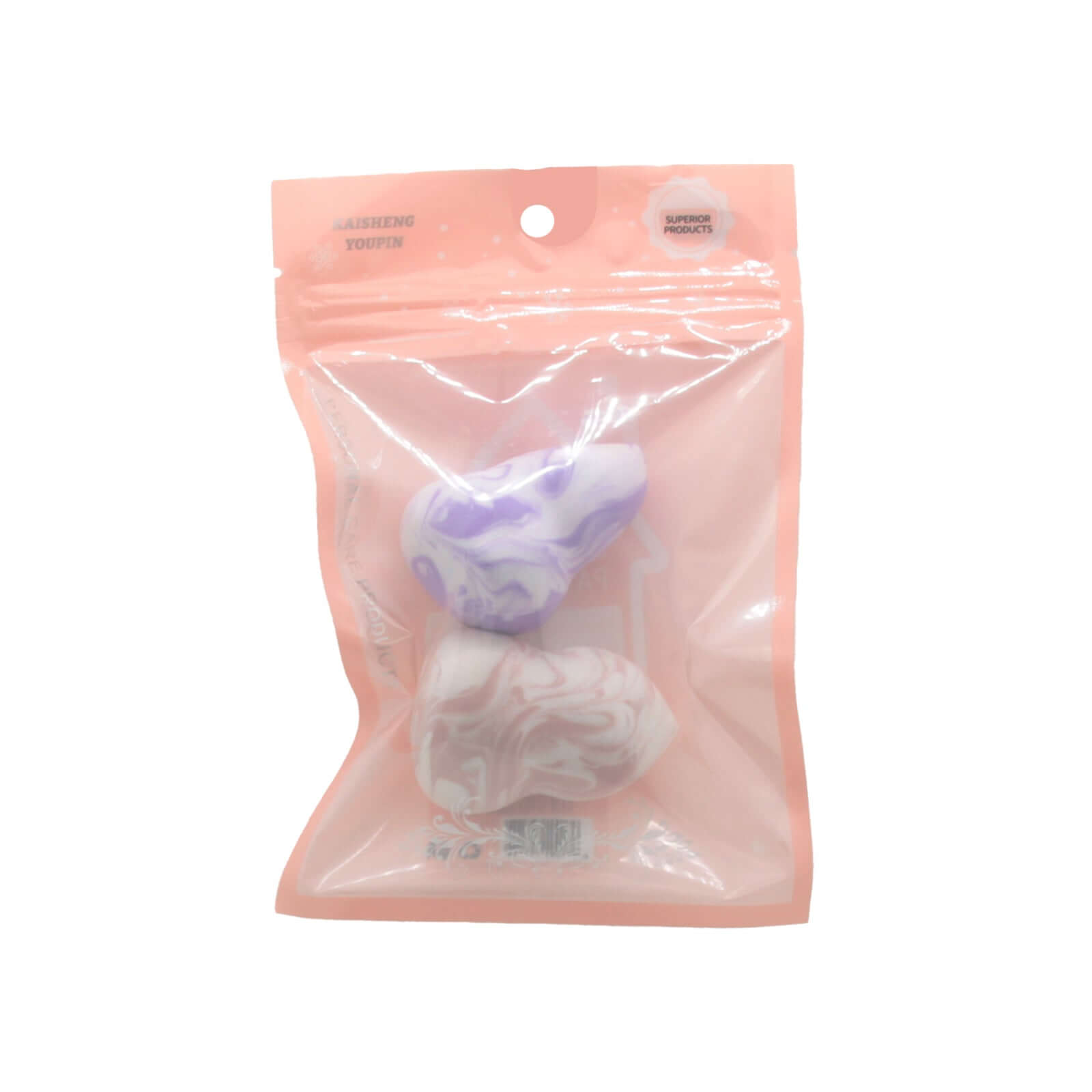 Makeup Sponge(2PCS) in a pink packaging showcasing two sponges with a marbled design.