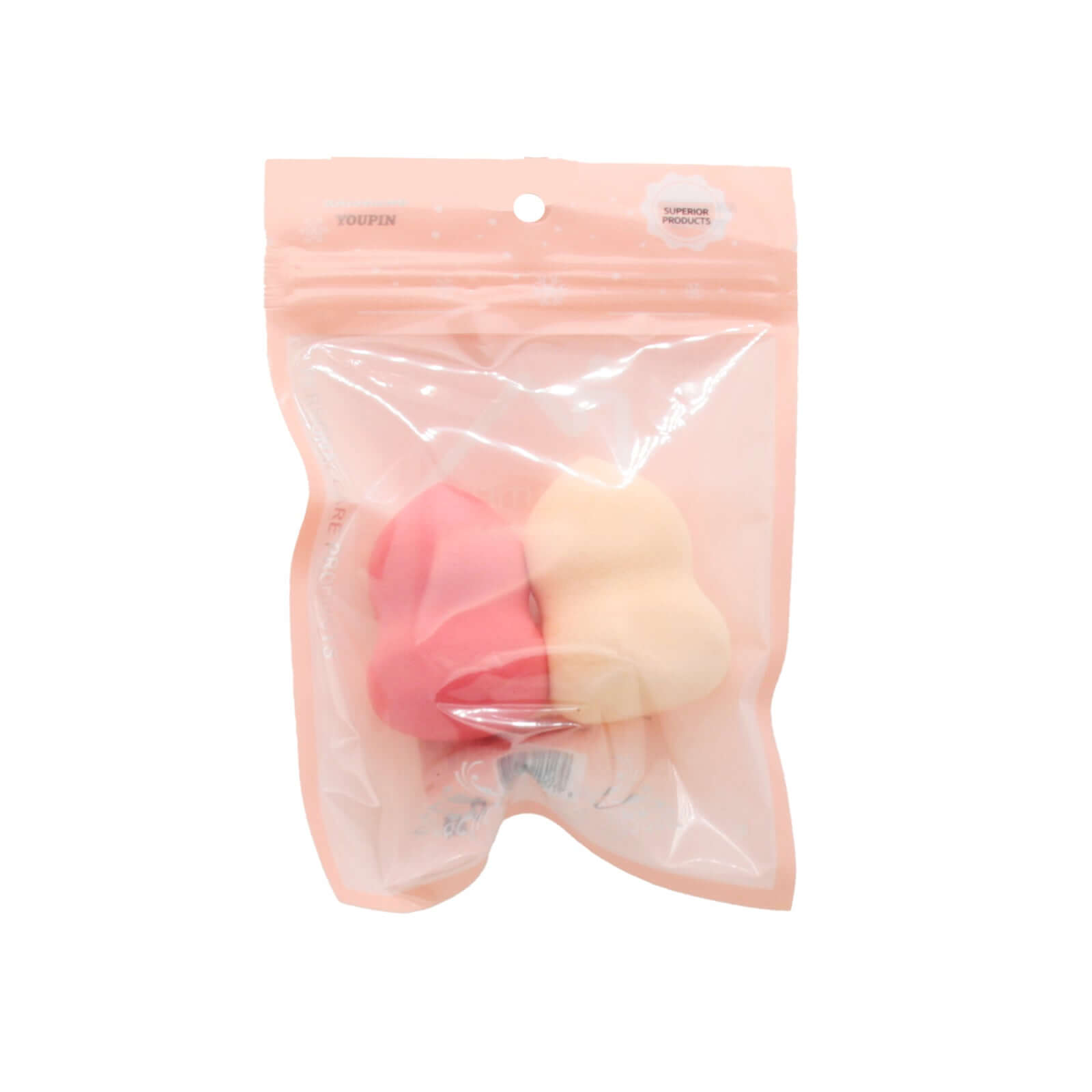 Makeup Sponge(2PCS) in a clear packaging with pink and cream sponges for flawless application.