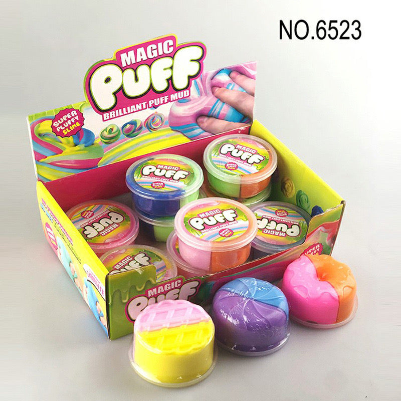 Magic Puff – Soft Stretchy Play Dough Putty (Random Color) in colorful packaging and assorted colorful putty containers.