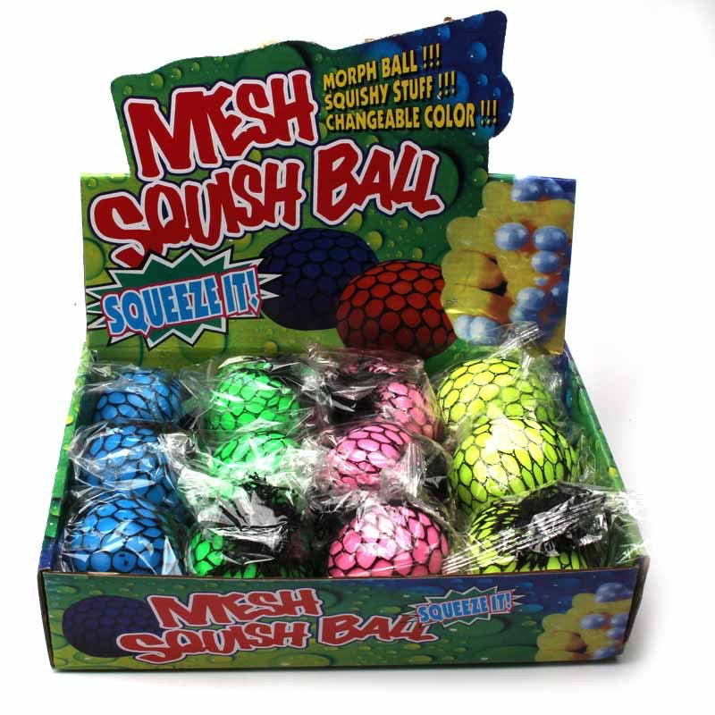 Mesh Squish Slime Ball – Soft Stress Toy (6cm, Assorted Colors) in a display box with vibrant colors.