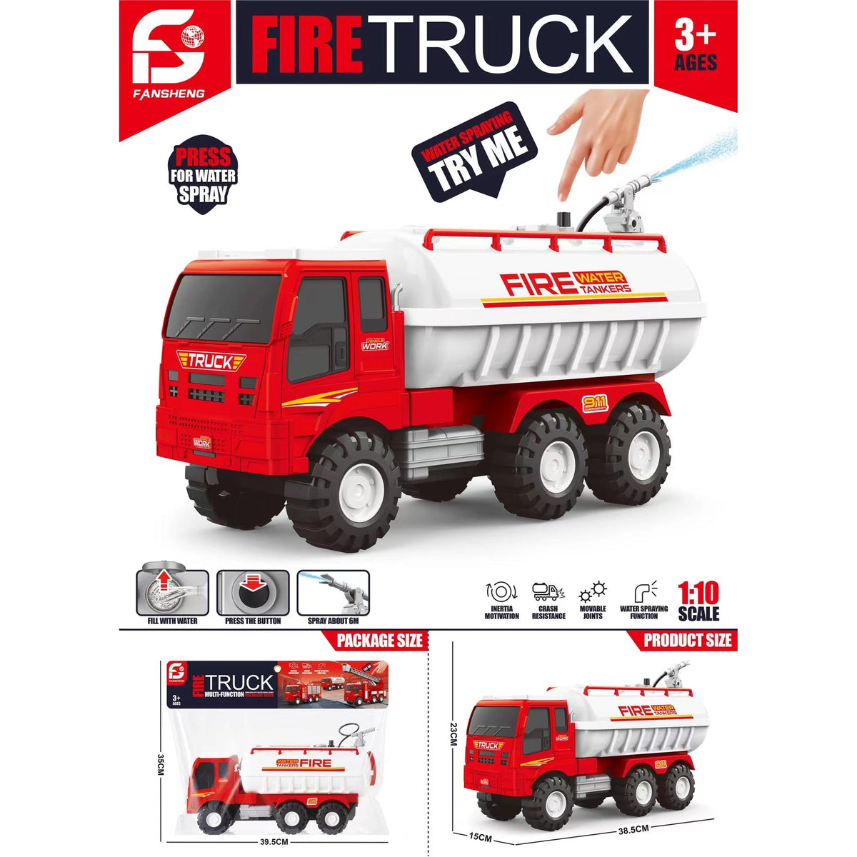 🚒 Water-Spraying Fire Truck – Ages 3+
