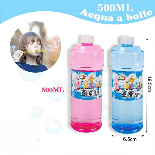 500ML Bubble Solution Refill – Pink & Blue bottles with a child blowing bubbles.