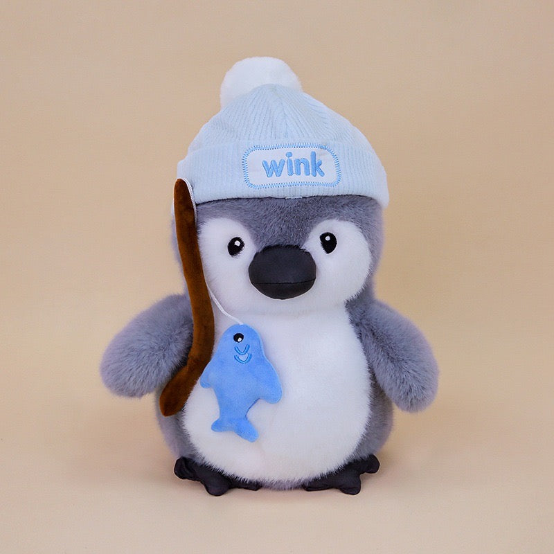 Artist Penguin Plush(30CM) wearing a hat, holding a fishing rod with a blue fish, cute and soft plush toy.
