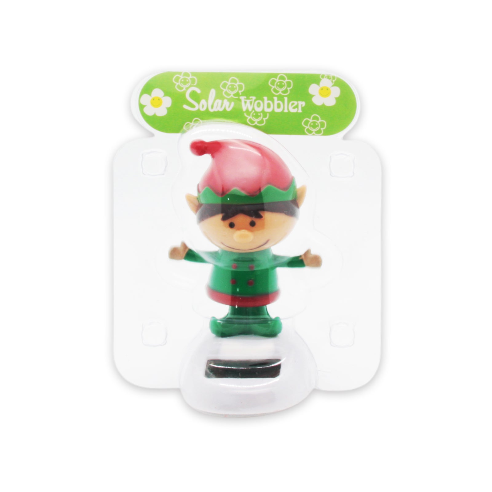 Solar Dancing Christmas Dashboard Toy featuring a cheerful elf character with a red hat and green outfit.