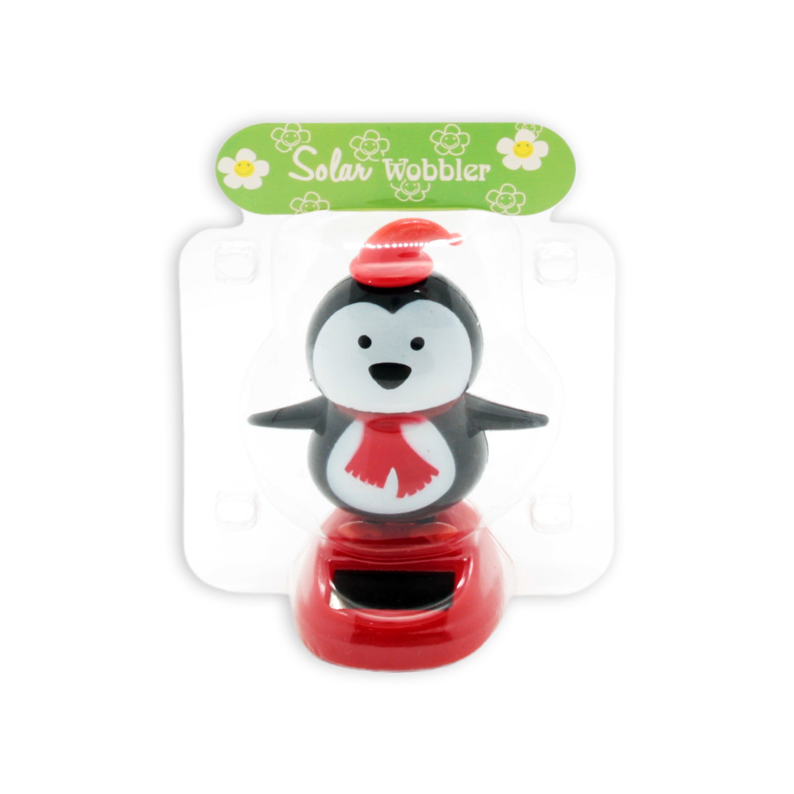 Solar Dancing Christmas Dashboard Toy featuring a cheerful penguin wobbler with a hat and scarf.