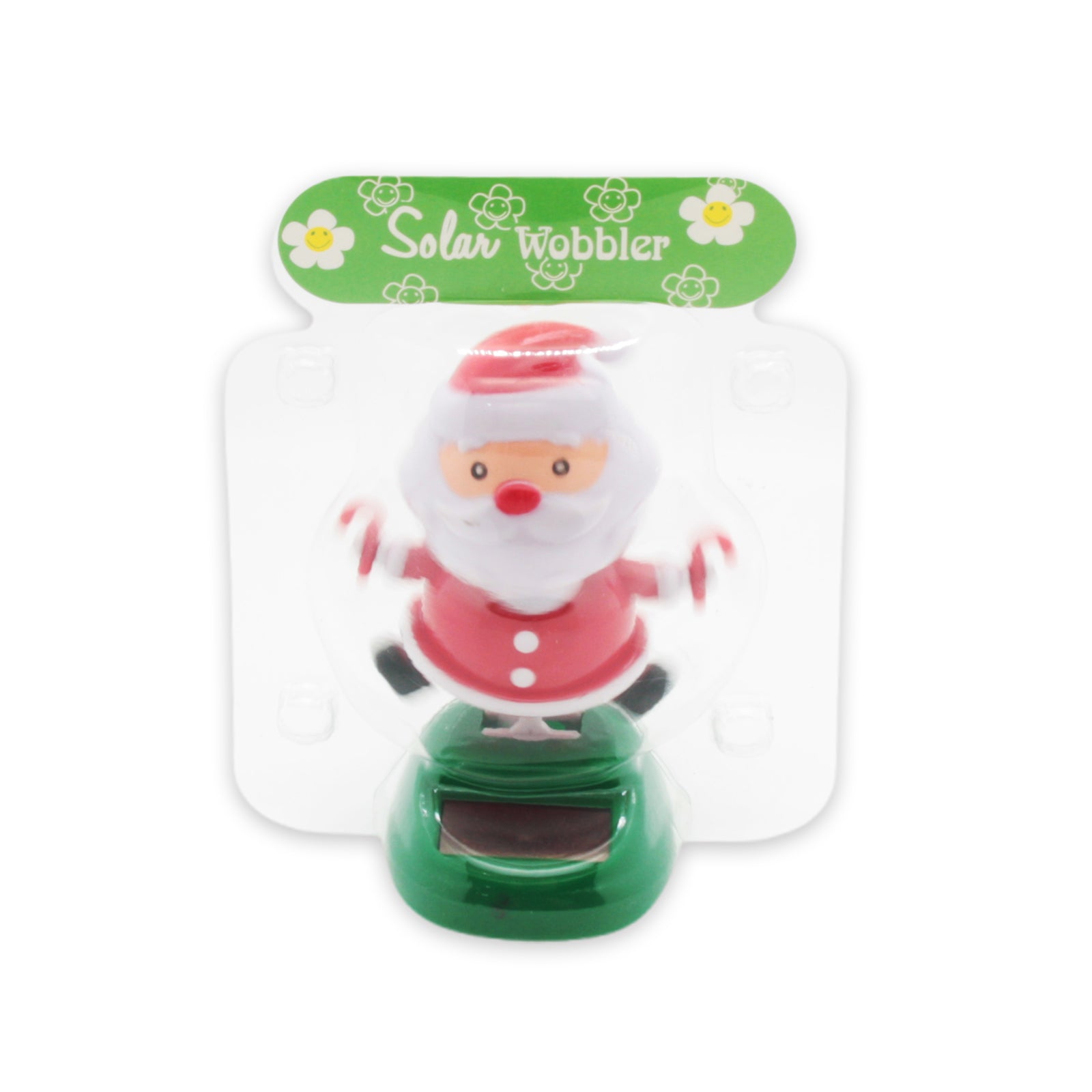 Solar Dancing Christmas Dashboard Toy with Santa wobbler on a green base, perfect for festive decoration.