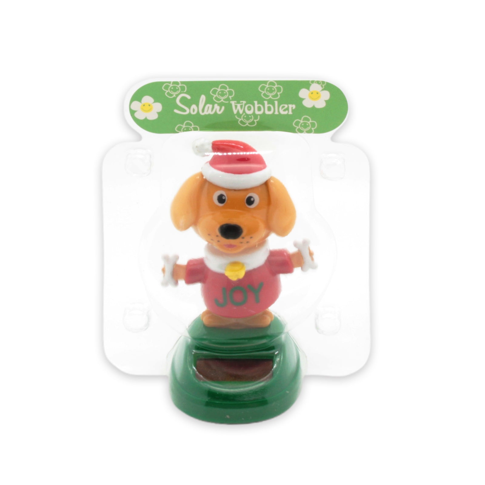 Solar Dancing Christmas Dashboard Toy featuring a joyful dog in holiday attire.