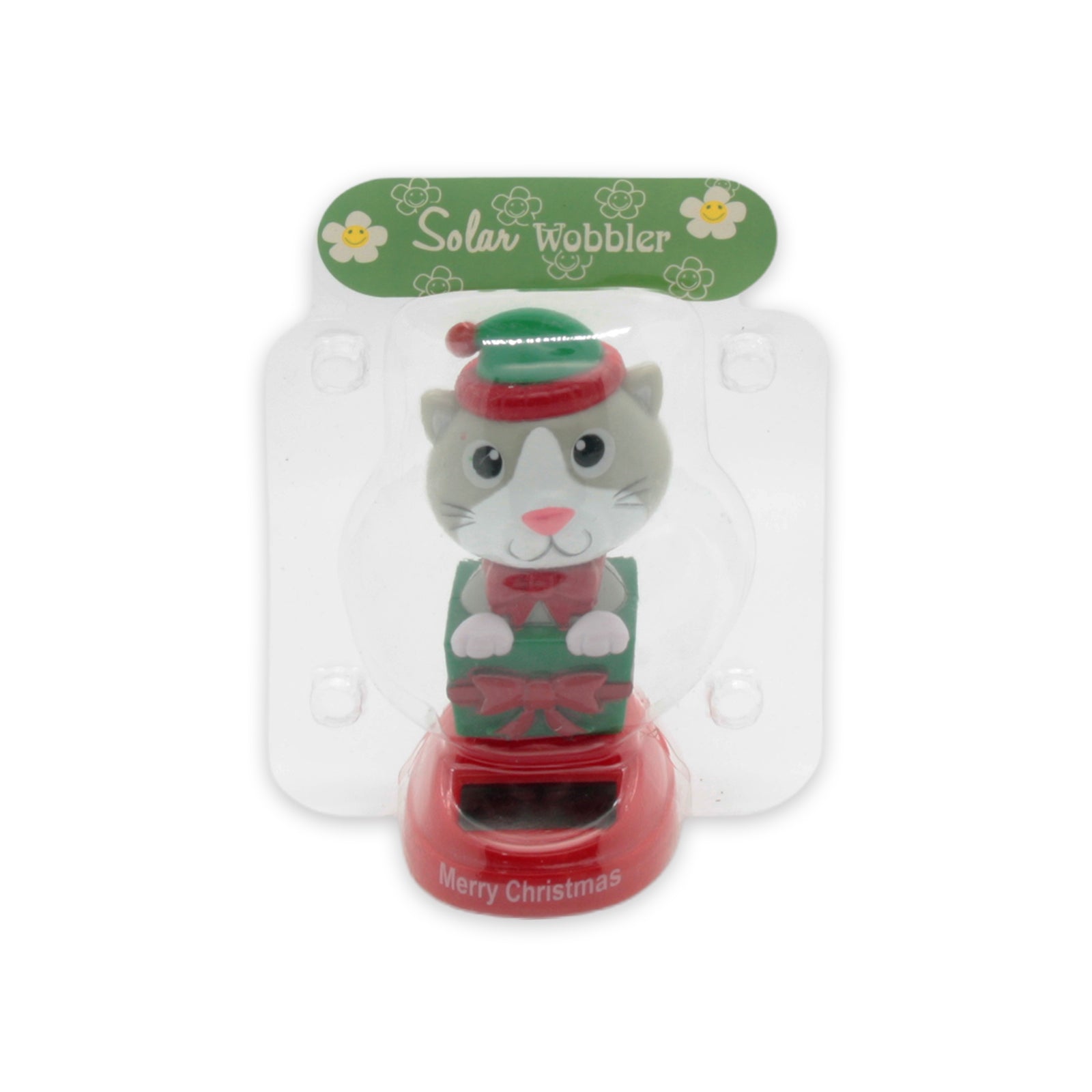 Solar Dancing Christmas Dashboard Toy featuring a cheerful cat in a festive hat and scarf.